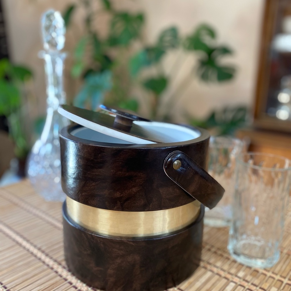 Vintage Faux Leather Brown and Gold Ice Bucket